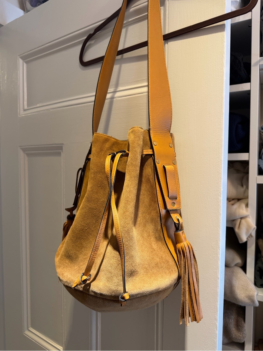 Isabel Marant Suede Drawstring Bucket Bag with Tassel